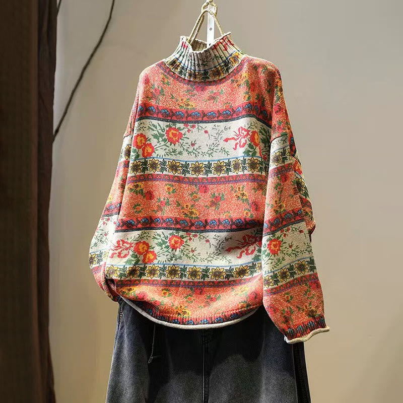 Maglione da donna in cotone a maniche lunghe con collo alto e motivo floreale color-block invernale Buddha Stones - Corallo - US4， UK/AU8，EU36-38 (F) - image 0