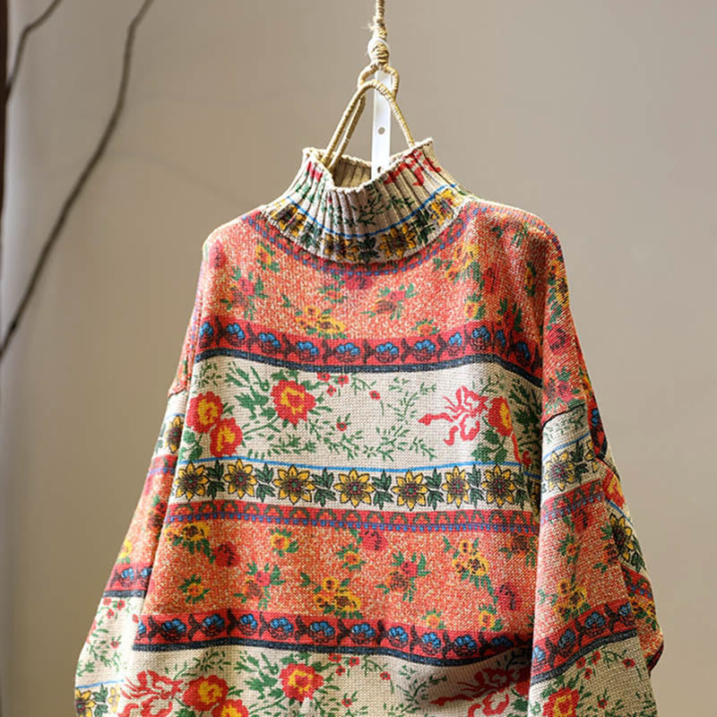 Maglione da donna in cotone a maniche lunghe con collo alto e motivo floreale color-block invernale Buddha Stones - image 1