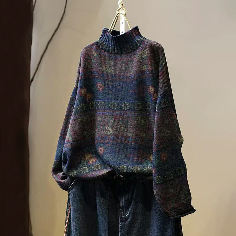 Maglione da donna in cotone a maniche lunghe con collo alto e motivo floreale color-block invernale Buddha Stones - Blu notte - US4， UK/AU8，EU36-38 (F) - image 11