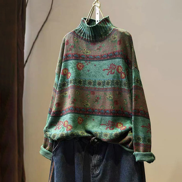 Maglione da donna in cotone a maniche lunghe con collo alto e motivo floreale color-block invernale Buddha Stones - Verde medio del mare - US4, UK/AU8, EU36-38 (F) - image 2