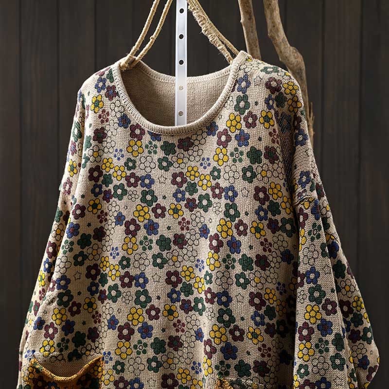 Maglione da donna in cotone a maniche lunghe con tasche, motivo a fiori colorati lavorato a maglia con Buddha Stones - image 1