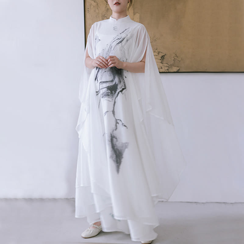 Pantaloni da meditazione midi da donna a maniche corte con stampa di inchiostro bianco Buddha Stones, abbigliamento zen - image 6