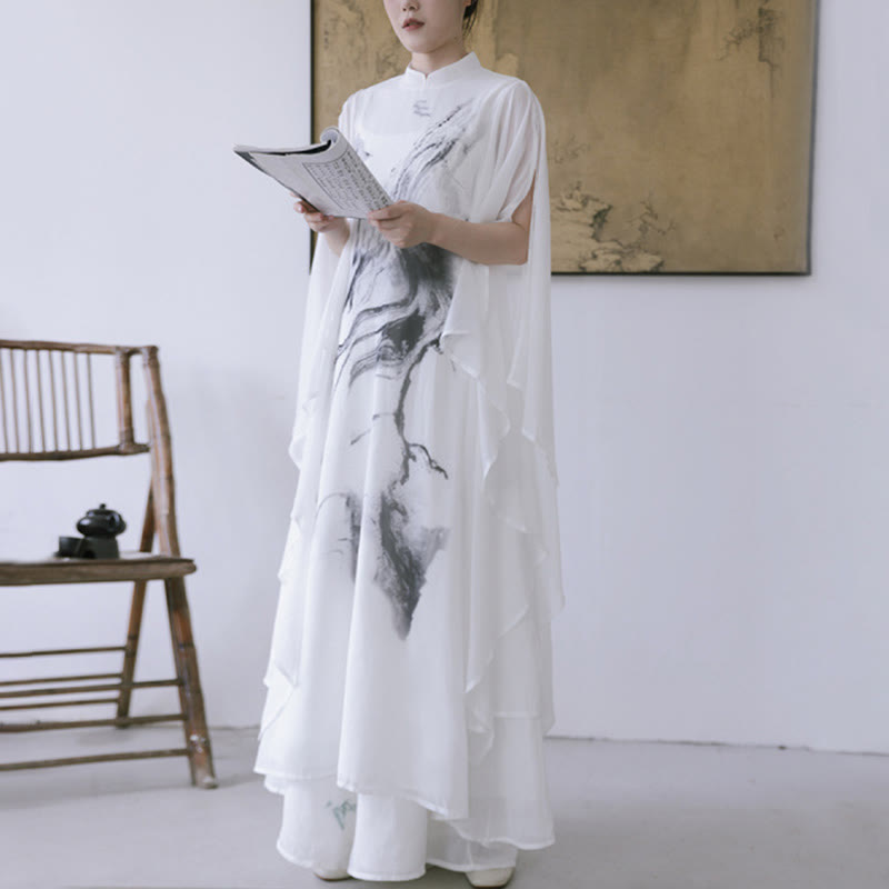 Pantaloni da meditazione midi da donna a maniche corte con stampa di inchiostro bianco Buddha Stones, abbigliamento zen - image 7