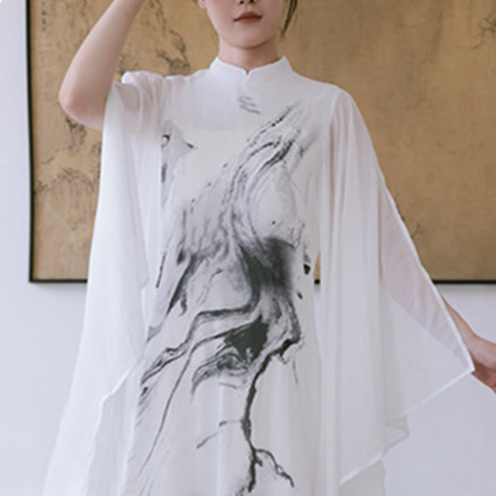 Pantaloni da meditazione midi da donna a maniche corte con stampa di inchiostro bianco Buddha Stones, abbigliamento zen - image 11