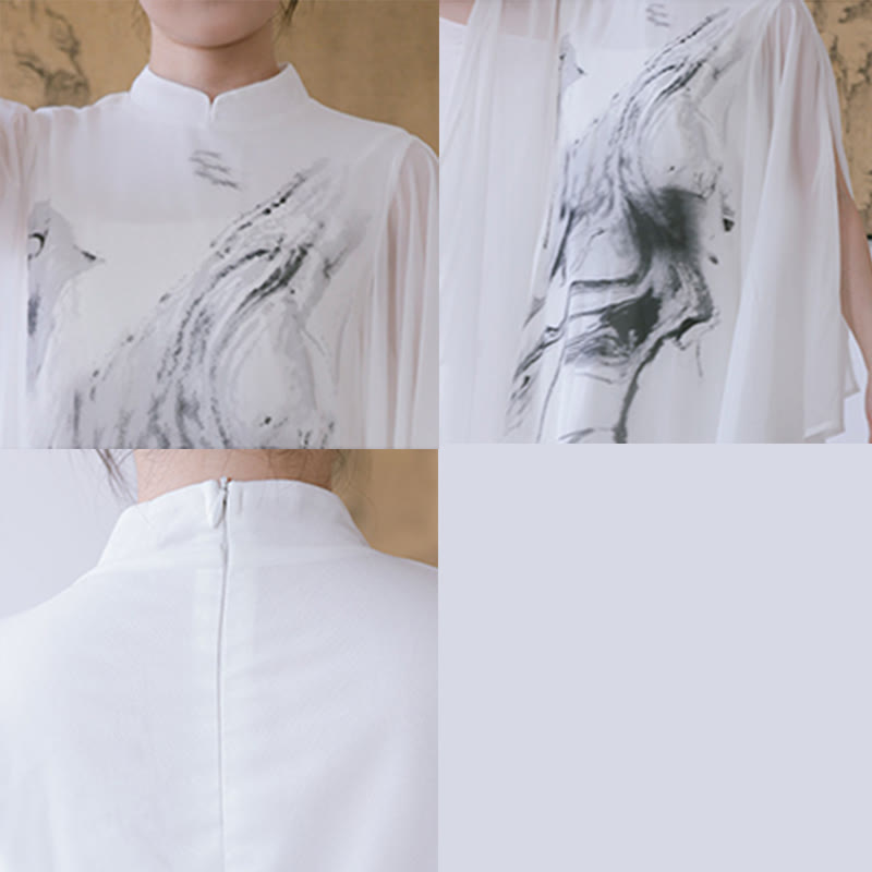 Pantaloni da meditazione midi da donna a maniche corte con stampa di inchiostro bianco Buddha Stones, abbigliamento zen - image 12