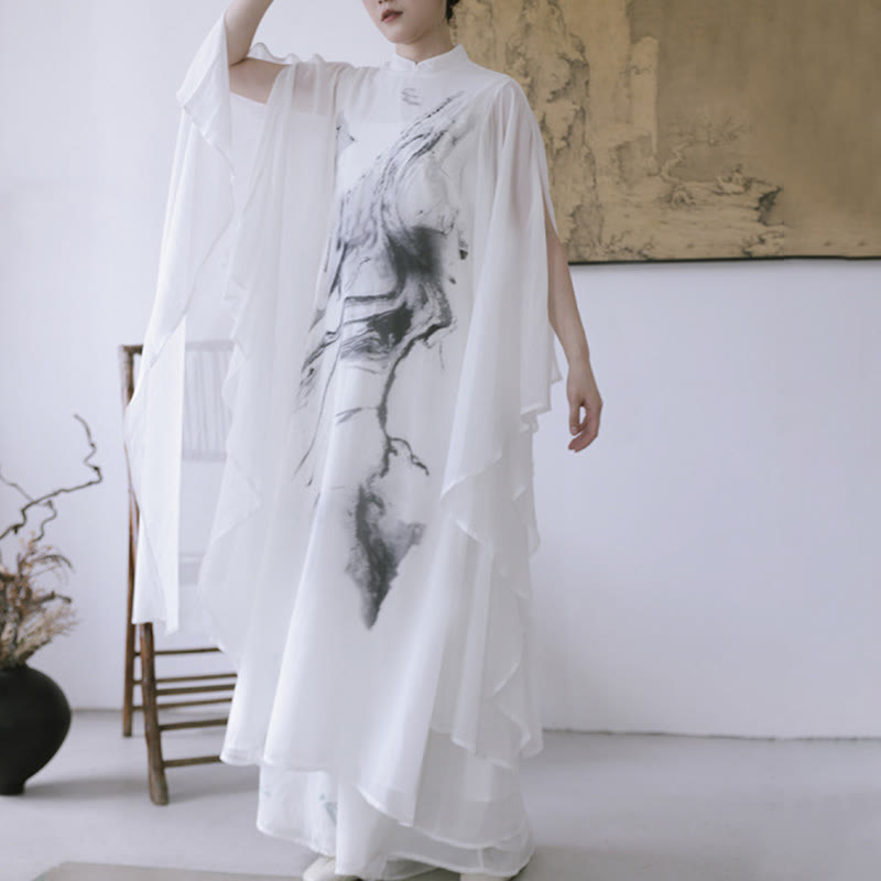 Pantaloni da meditazione midi da donna a maniche corte con stampa di inchiostro bianco Buddha Stones, abbigliamento zen - image 9