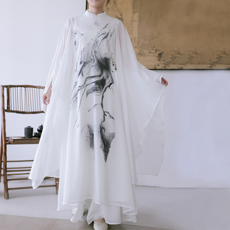 Pantaloni da meditazione midi da donna a maniche corte con stampa di inchiostro bianco Buddha Stones, abbigliamento zen - image 4