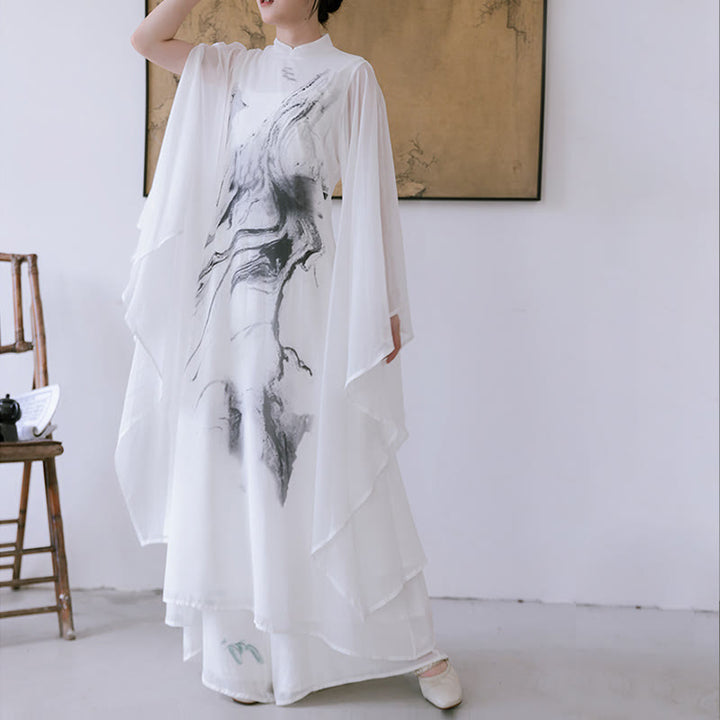 Pantaloni da meditazione midi da donna a maniche corte con stampa di inchiostro bianco Buddha Stones, abbigliamento zen - image 8