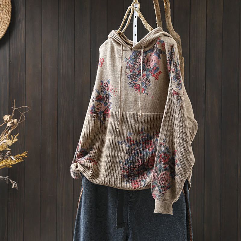Maglione con cappuccio a maniche lunghe in cotone lavorato a maglia floreale da donna Buddha Stones - Legno robusto - US4, UK/AU8, EU36-38 (F) - image 0
