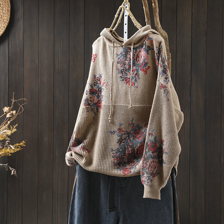 Maglione con cappuccio a maniche lunghe in cotone lavorato a maglia floreale da donna Buddha Stones - Legno robusto - US4, UK/AU8, EU36-38 (F) - image 0