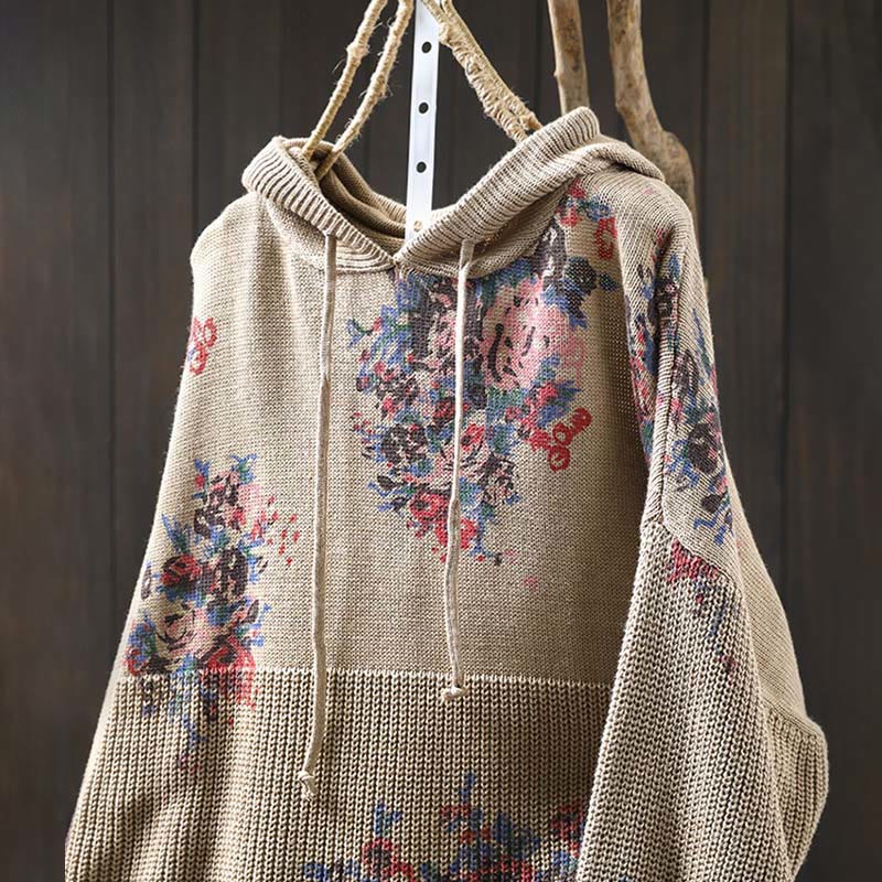 Maglione con cappuccio a maniche lunghe in cotone lavorato a maglia floreale da donna Buddha Stones - image 1