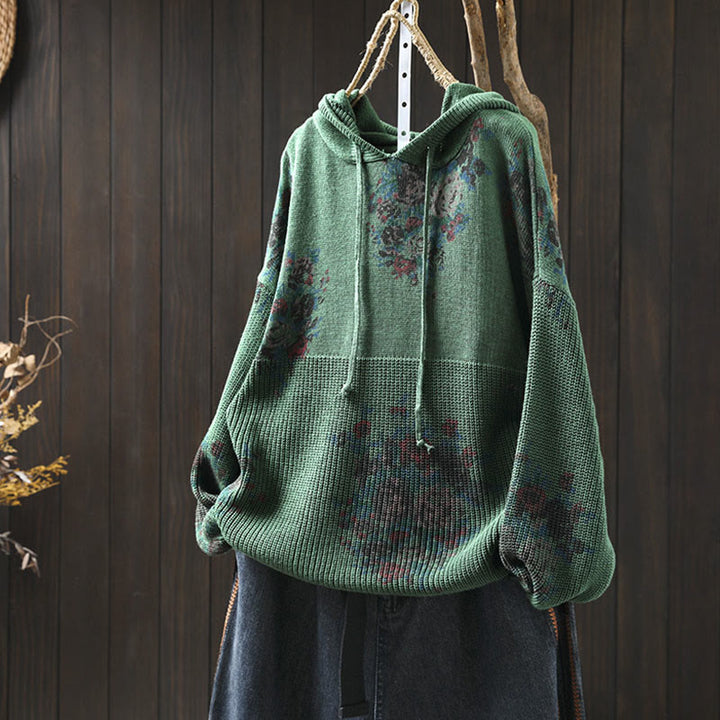 Maglione con cappuccio a maniche lunghe in cotone lavorato a maglia floreale da donna Buddha Stones - Verdemare medio - US4， UK/AU8，EU36-38 (F) - image 10