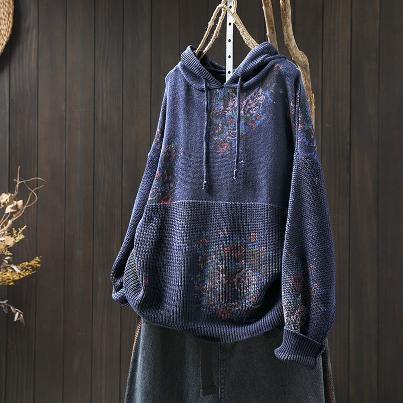 Maglione con cappuccio a maniche lunghe in cotone lavorato a maglia floreale da donna Buddha Stones - Blu scuro - US4， UK/AU8，EU36-38 (F) - image 20