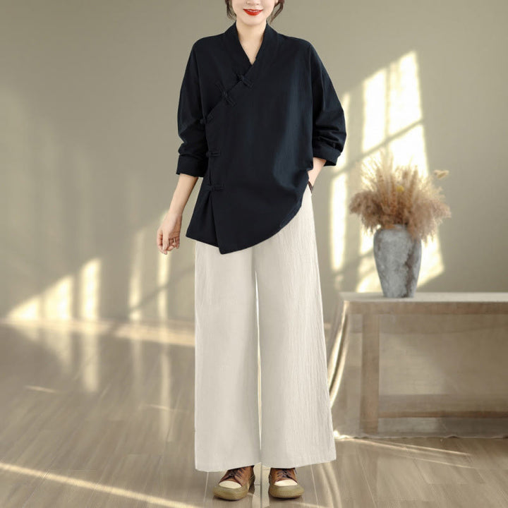 Set da donna per meditazione zen Buddha Stones, 2 pezzi, camicia a maniche lunghe con scollo a V e pantaloni larghi - Camicia nera e pantaloni beige - US8-10, UK/AU12-14, EU40-42 (2XL) - image 11