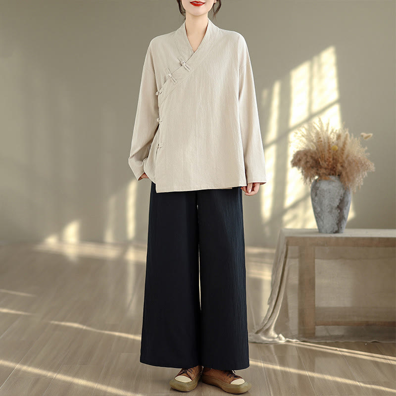 Set da donna per meditazione zen Buddha Stones, 2 pezzi, camicia a maniche lunghe con scollo a V e pantaloni larghi - Camicia beige e pantaloni neri - US8-10, UK/AU12-14, EU40-42 (2XL) - image 0