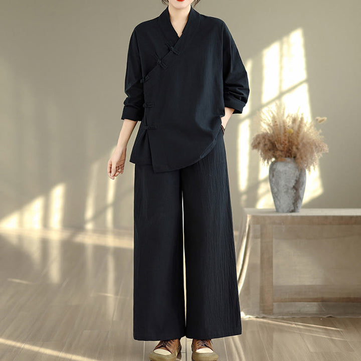 Completo da donna con motivo Buddha Stones, composto da maglietta a maniche lunghe con scollo a V e pantaloni a gamba larga, ideale per la meditazione zen. - image 13