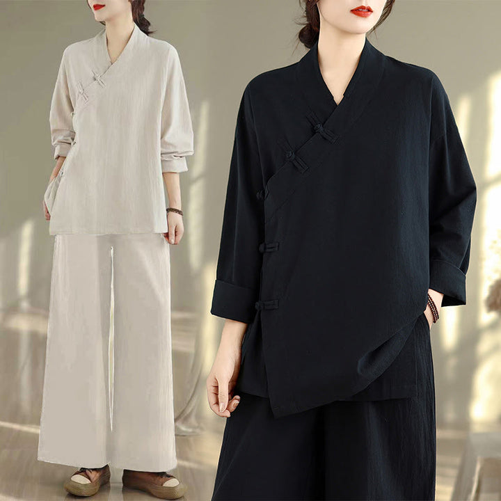 Set da donna per meditazione zen Buddha Stones, 2 pezzi, camicia a maniche lunghe con scollo a V e pantaloni larghi - image 23