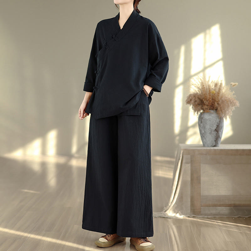Completo da donna con motivo Buddha Stones, composto da maglietta a maniche lunghe con scollo a V e pantaloni a gamba larga, ideale per la meditazione zen. - image 16