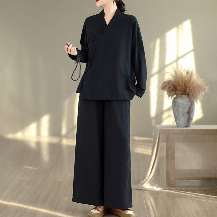 Completo da donna con motivo Buddha Stones, composto da maglietta a maniche lunghe con scollo a V e pantaloni a gamba larga, ideale per la meditazione zen. - image 15