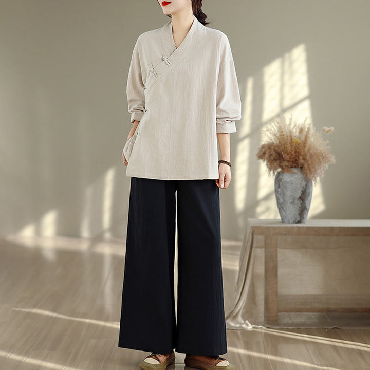 Completo da donna con motivo Buddha Stones, composto da maglietta a maniche lunghe con scollo a V e pantaloni a gamba larga, ideale per la meditazione zen. - image 4