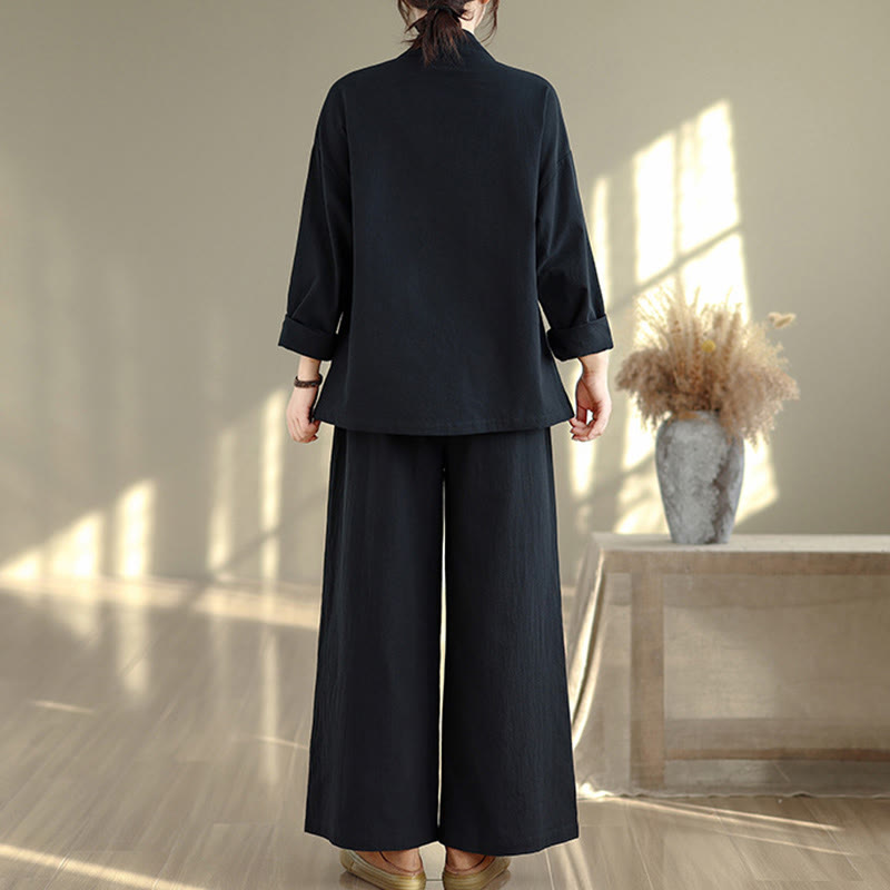 Completo da donna con motivo Buddha Stones, composto da maglietta a maniche lunghe con scollo a V e pantaloni a gamba larga, ideale per la meditazione zen. - image 14