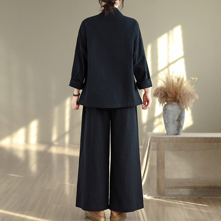 Completo da donna con motivo Buddha Stones, composto da maglietta a maniche lunghe con scollo a V e pantaloni a gamba larga, ideale per la meditazione zen. - image 14