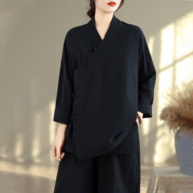Completo da donna con motivo Buddha Stones, composto da maglietta a maniche lunghe con scollo a V e pantaloni a gamba larga, ideale per la meditazione zen. - image 18