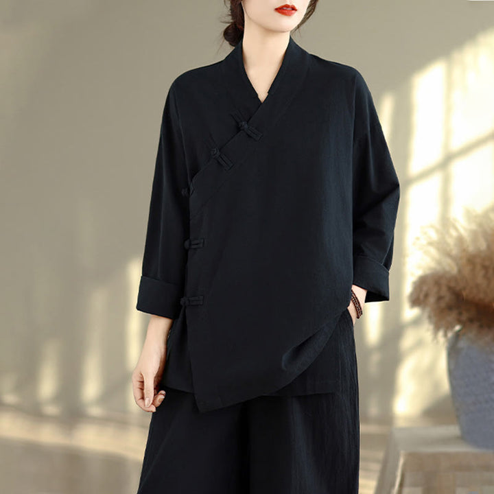 Completo da donna con motivo Buddha Stones, composto da maglietta a maniche lunghe con scollo a V e pantaloni a gamba larga, ideale per la meditazione zen. - image 18