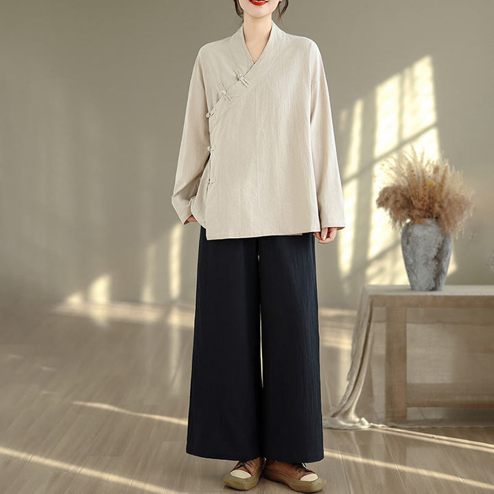 Completo da donna con motivo Buddha Stones, composto da maglietta a maniche lunghe con scollo a V e pantaloni a gamba larga, ideale per la meditazione zen. - image 3