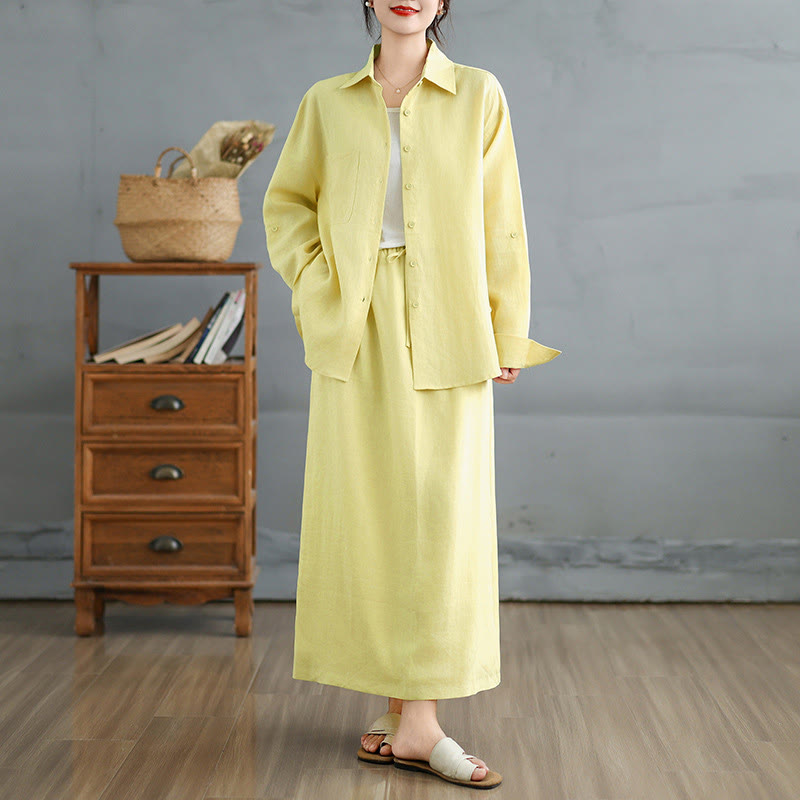 Set di 2 pezzi in cotone con maniche lunghe e bottoni, camicia e gonna di lunghezza 7-8, con tasche, Buddha Stones  - Verga d'oro chiaraGiallo - US8-10, UK/AU12-14, EU40-42 (2XL) - image 16