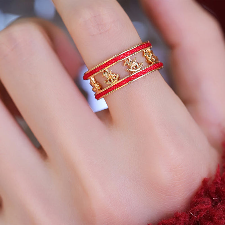 Anello di apertura in rame con benedizione della fortuna dell'anno del cavallo dorato Buddha Stones - image 8