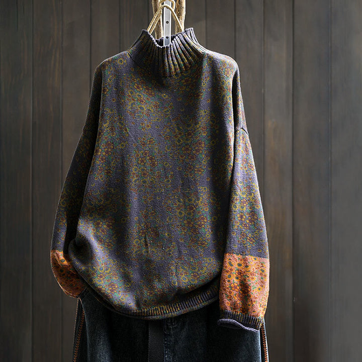 Maglione a collo alto a maniche lunghe con orlo a coste in cotone lavorato a maglia floreale da donna Buddha Stones - Indaco - US4， UK/AU8，EU36-38 (F) - image 18