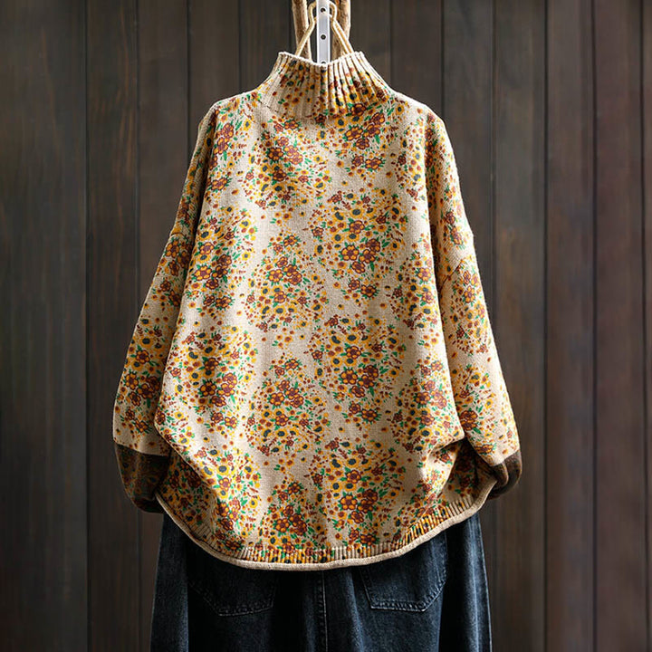 Maglione a collo alto a maniche lunghe con orlo a coste in cotone lavorato a maglia floreale da donna Buddha Stones - image 1