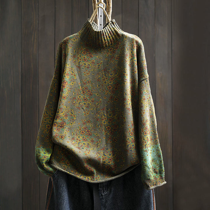 Maglione a collo alto a maniche lunghe con orlo a coste in cotone lavorato a maglia floreale da donna Buddha Stones - Oliva - US4， UK/AU8，EU36-38 (F) - image 20