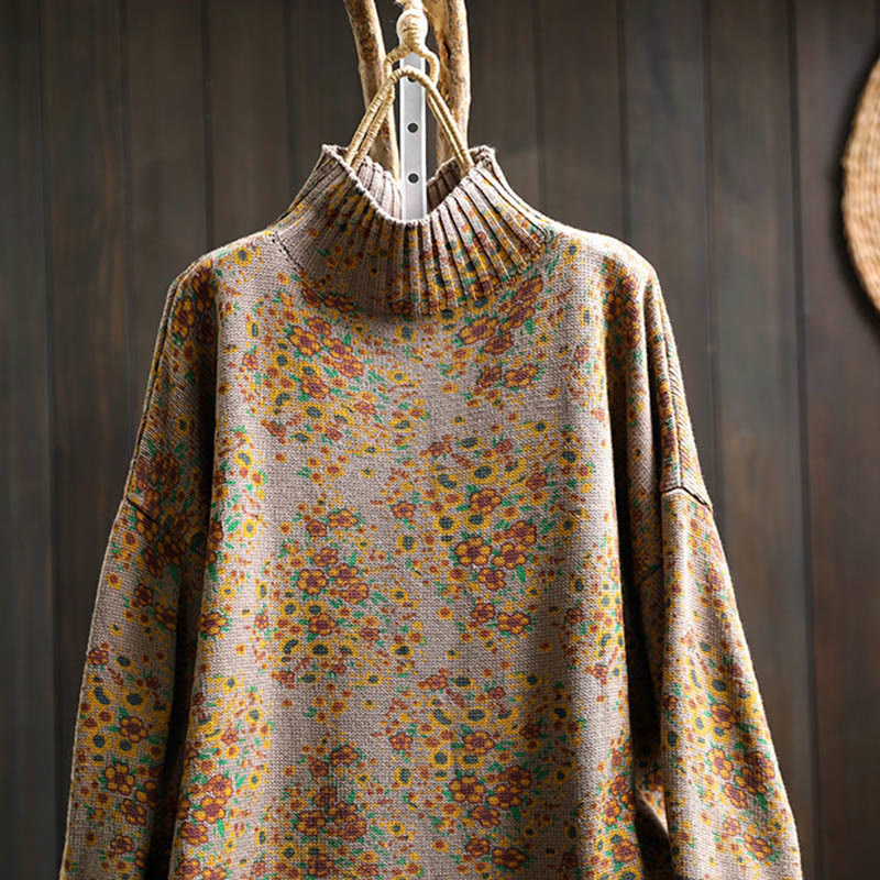 Maglione a collo alto a maniche lunghe con orlo a coste in cotone lavorato a maglia floreale da donna Buddha Stones - image 17