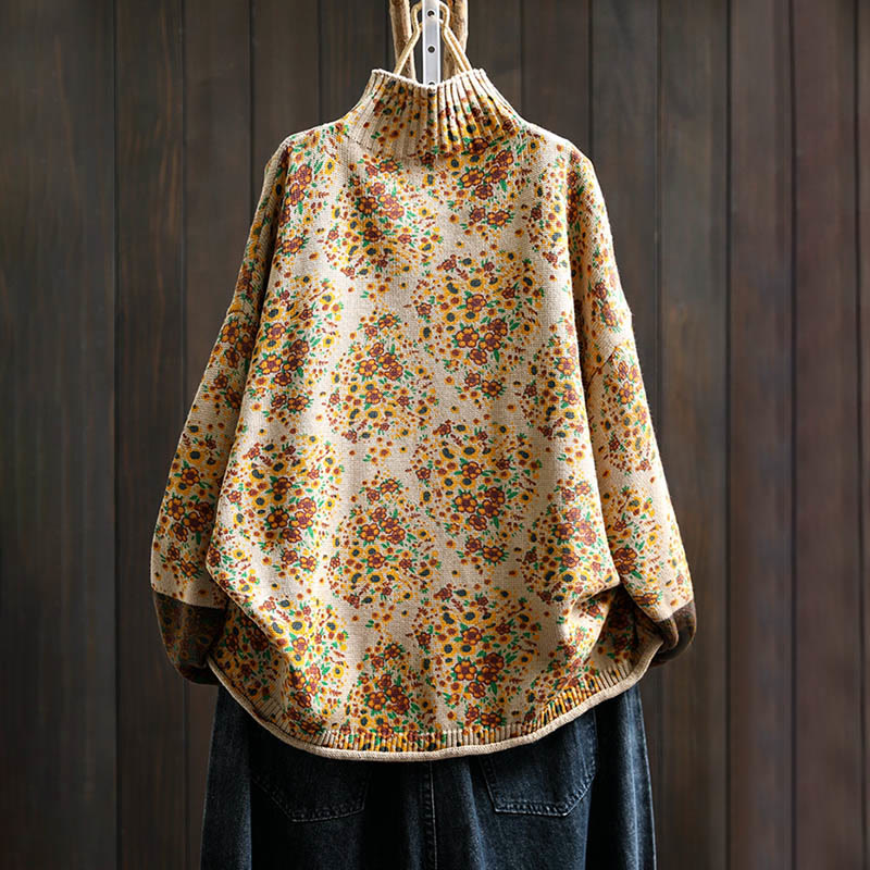 Maglione a collo alto a maniche lunghe con orlo a coste in cotone lavorato a maglia floreale da donna Buddha Stones - image 1