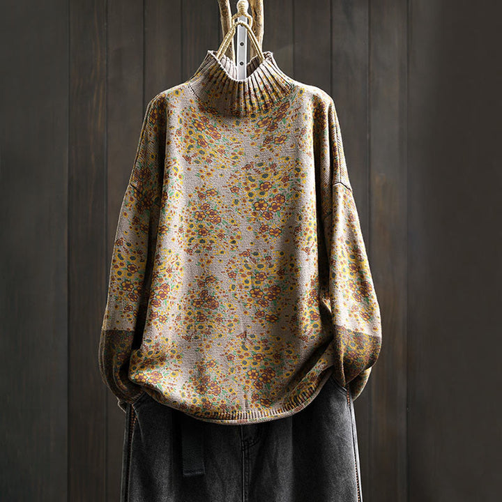 Maglione a collo alto a maniche lunghe con orlo a coste in cotone lavorato a maglia floreale da donna Buddha Stones - Abbronzatura - US4， UK/AU8，EU36-38 (F) - image 16