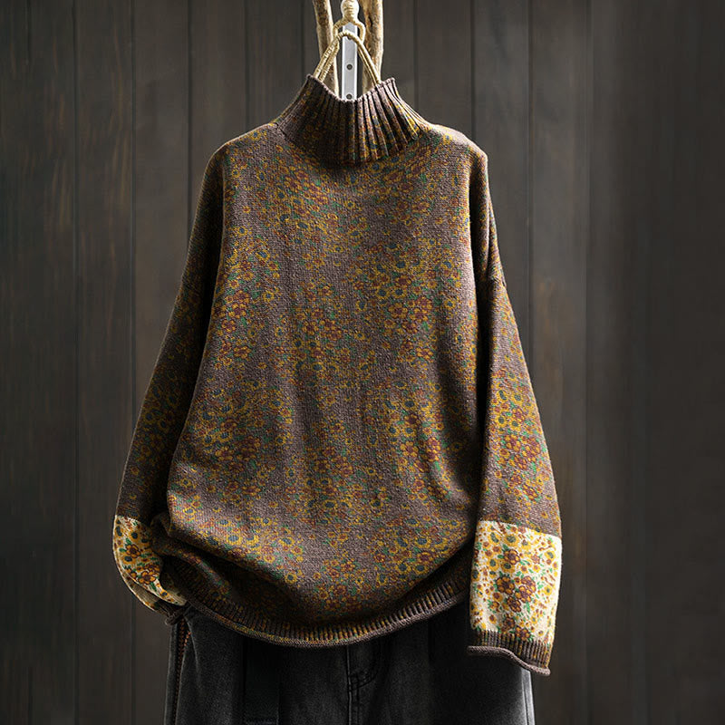Maglione a collo alto a maniche lunghe con orlo a coste in cotone lavorato a maglia floreale da donna Buddha Stones - Marrone sella - US4, UK/AU8, EU36-38 (F) - image 14