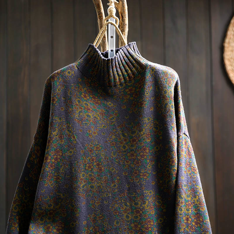 Maglione a collo alto a maniche lunghe con orlo a coste in cotone lavorato a maglia floreale da donna Buddha Stones - image 19