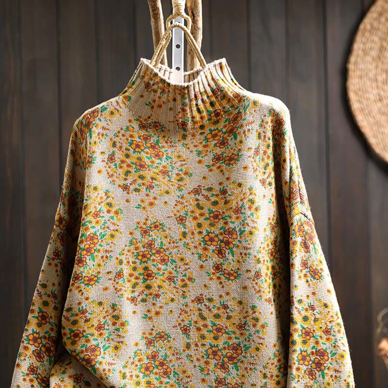 Maglione a collo alto a maniche lunghe con orlo a coste in cotone lavorato a maglia floreale da donna Buddha Stones - image 3