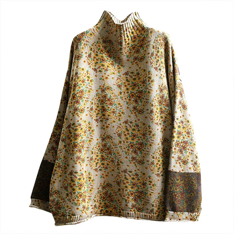 Maglione a collo alto a maniche lunghe con orlo a coste in cotone lavorato a maglia floreale da donna Buddha Stones - image 11