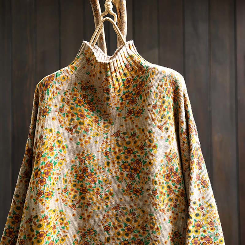 Maglione a collo alto a maniche lunghe con orlo a coste in cotone lavorato a maglia floreale da donna Buddha Stones - image 2