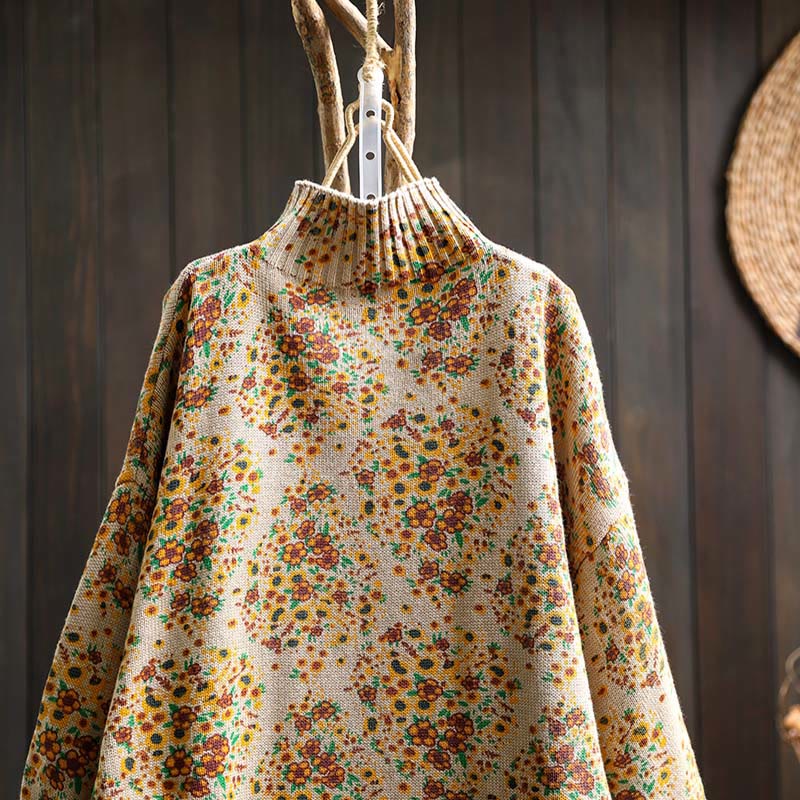 Maglione a collo alto a maniche lunghe con orlo a coste in cotone lavorato a maglia floreale da donna Buddha Stones - image 4