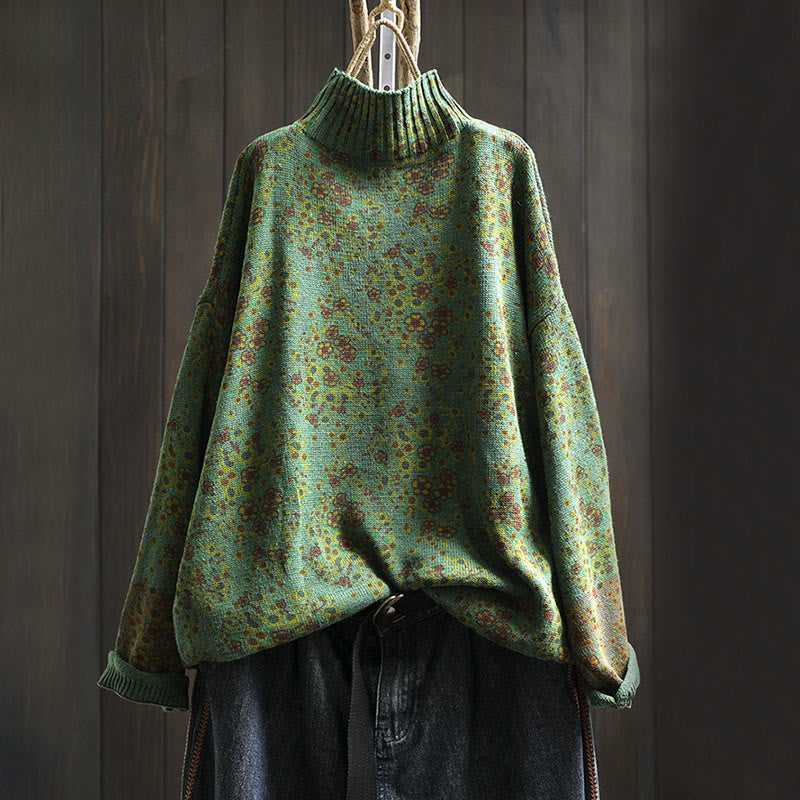 Maglione a collo alto a maniche lunghe con orlo a coste in cotone lavorato a maglia floreale da donna Buddha Stones - SeaGreen - US4， UK/AU8，EU36-38 (F) - image 12
