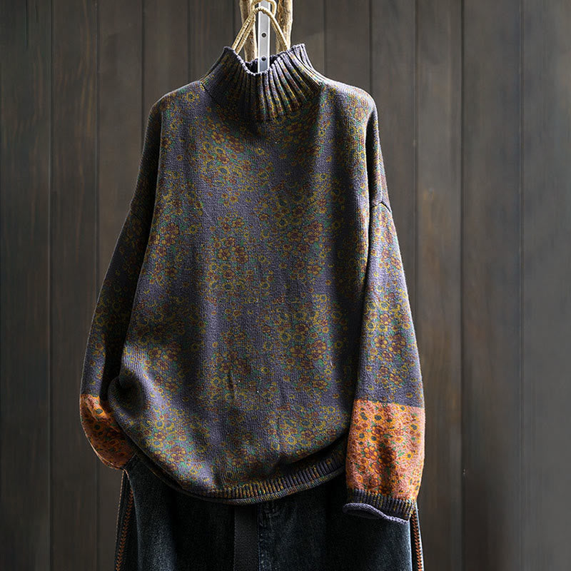 Maglione a collo alto a maniche lunghe con orlo a coste in cotone lavorato a maglia floreale da donna Buddha Stones - Indaco - US4， UK/AU8，EU36-38 (F) - image 18