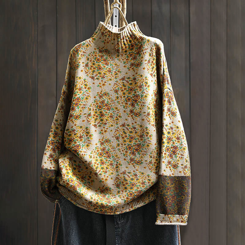 Maglione a collo alto a maniche lunghe con orlo a coste in cotone lavorato a maglia floreale da donna Buddha Stones - PapayaWhip - US4, UK/AU8, EU36-38 (F) - image 0