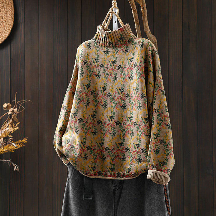Maglione da donna in cotone con collo alto, manica lunga e motivo a pianta lavorata a maglia Buddha Stones - Legno robusto - US4, UK/AU8, EU36-38 (F) - image 0