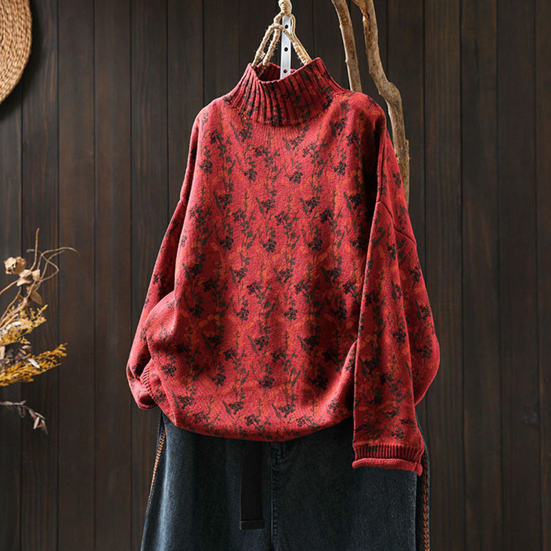 Maglione da donna in cotone con collo alto, manica lunga e motivo a pianta lavorata a maglia Buddha Stones - Rosso - US4， UK/AU8，EU36-38 (F) - image 20