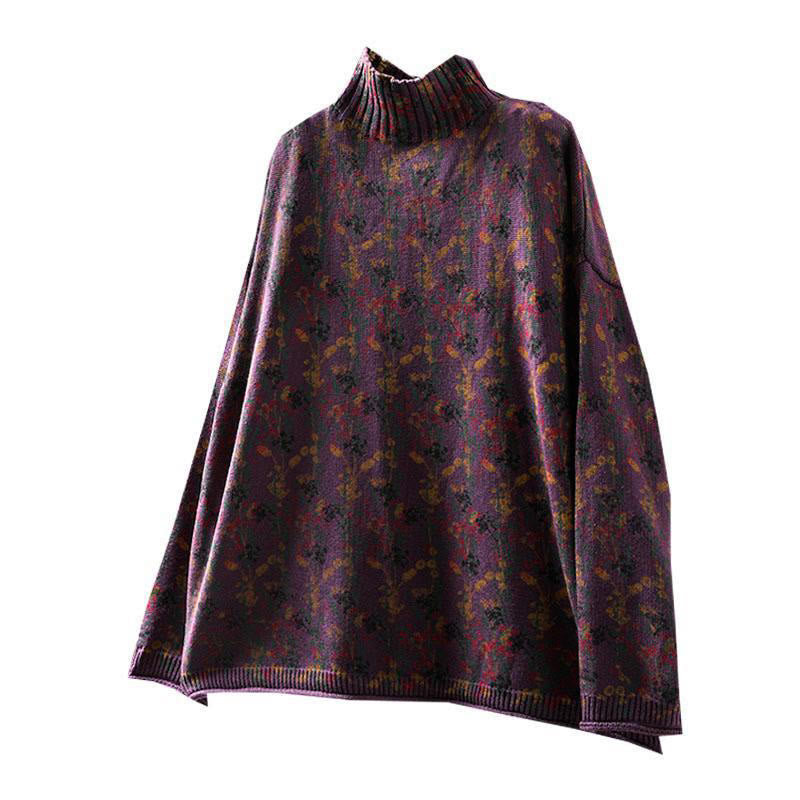 Maglione da donna in cotone con collo alto, manica lunga e motivo a pianta lavorata a maglia Buddha Stones - image 17