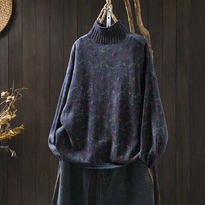 Maglione da donna in cotone con collo alto, manica lunga e motivo a pianta lavorata a maglia Buddha Stones - Blu ardesia scuro - US4, UK/AU8, EU36-38 (F) - image 18